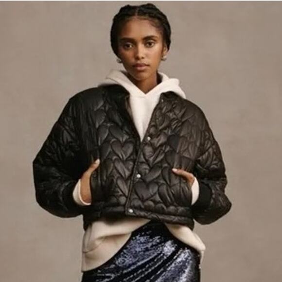 Maeve by Anthropologie Quilted Heart Bomber Jacket Black Size XS EUC Cropped - Picture 1 of 15